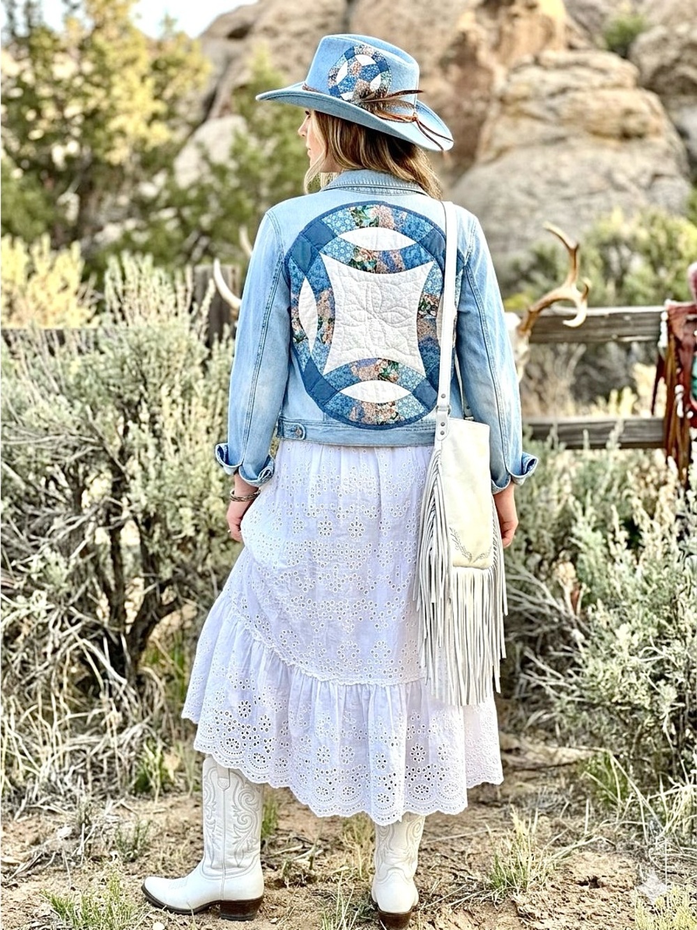 Quilted Back Handcrafted panel Light Wash Denim Jacket w cottagecore rustic vibe